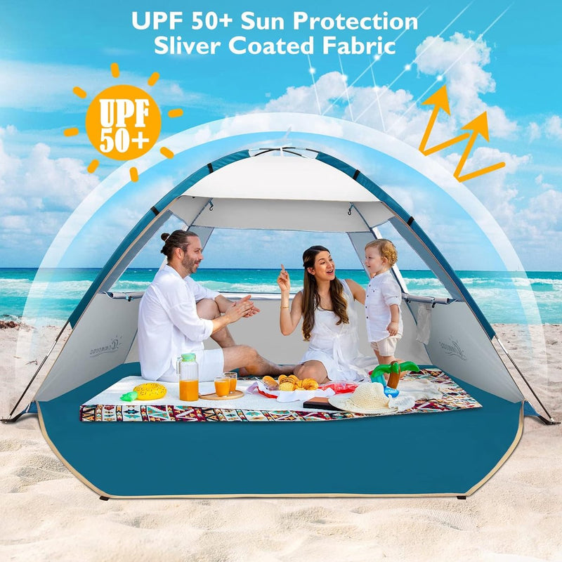 Strandschelpen voor 4-5 personen, draagbare strandtent met uv-bescherming 50+, familie-zonnetent strand met 2 mesh-ramen, snelle montage, eenvoudig dragen, parasol, strandtent voor buiten