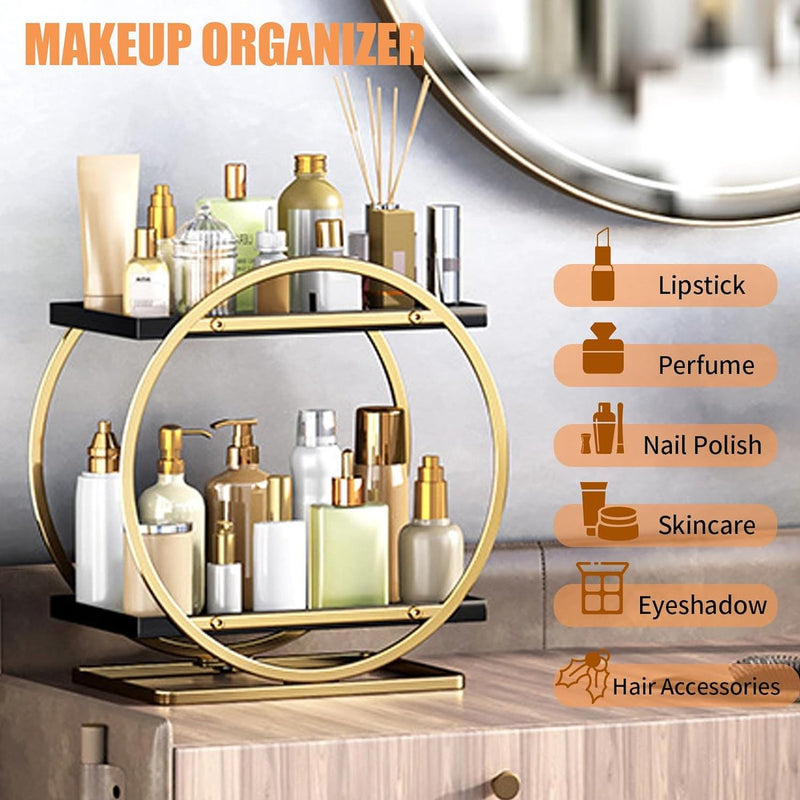 Organizer voor parfum, huidverzorging-organizer, grote inhoud, make-up vanity caddy, 2 niveaus cosmetica-display voor badkamer, organizer op het werkblad, goud