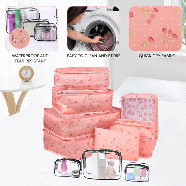 Kofferorganizer, 10 stuks, kofferorganizerset, waterdichte bagage-organizer, pakkubussen voor toiletartikelen, kleding, schoenen, cosmetica, lichtgewicht, bagage-organizer, roze kers