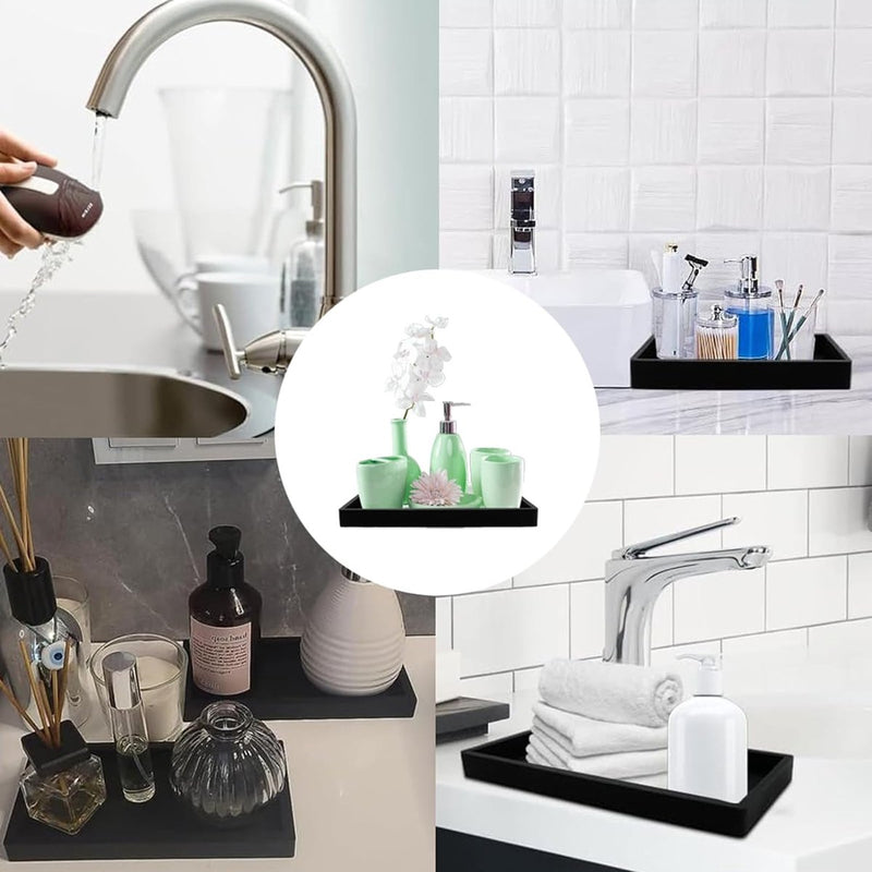 2 stuks zwarte badkamerdecoratie, dienblad zwart, badkamer dienblad, geschikt voor badkamerwerkblad, wastafel, toiletten (zwart)
