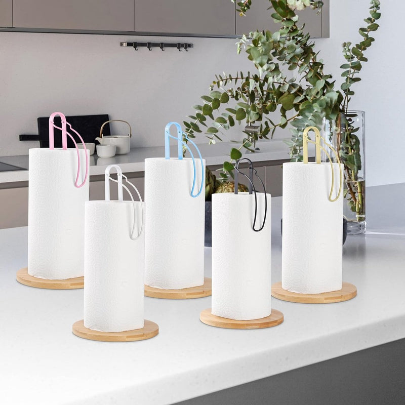 Zwarte houten handdoekrolhouder met bevestiging, papieren handdoekhouder voor werkblad, vrijstaande keukenhanddoekhouder met antislip houten voet