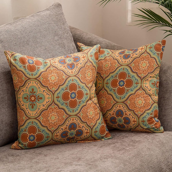 Set van 2 kussenslopen 40 x 40 cm, 100% katoen, oranje-rood, kleurrijk patroon, decoratieve hoofdkussenslopen met ritssluiting, superzacht, premium en hypoallergeen, super comfortabele