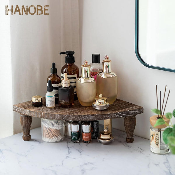 Decoratief houten dienblad, decoratief dienblad: vintage dienblad, hout, bruin met standaard, voeten, decoratieve hoekplaat, rustieke sector houten plaat, artikelstandaard voor cafékaarsen keuken badkamer