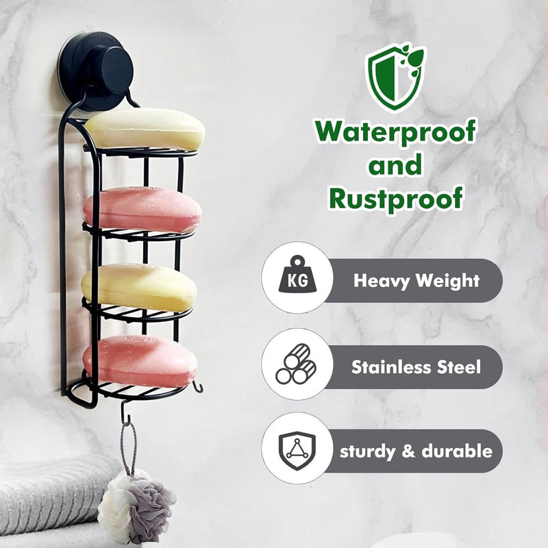 Douchewand 4-laags rond zeeprek Roestvrij stalen staaf Douche Badkamer Zelfafvoerend Roestvrij rek Sterke douchewandstang zonder boren Zeeprek Badkamer Keuken (zwart)