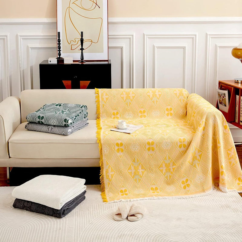 Bankdeken voor 2-zitsbank met decoratieve kwastjes, dubbelzijdige bankhoes banksprei voor bank en bed, ruitpatroon met bladeren en bloemen - geel, 180 x 230 cm