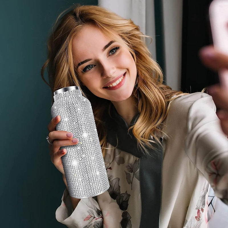 Diamant Waterfles, 750 ml, roestvrij staal, thermosfles, strassteentjes, isoleerfles, diamant thermosfles met ketting, lekvrije diamant thermosbeker, meisjes favoriete mokken, zilver
