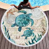 Ronde strandhanddoek, microvezel strandhanddoek XXL, zeeschildpad badhanddoek, groot 150 cm, voor stranddeken, yogamat, handdoeken met kwastjes, (blauw-schildpad 1)