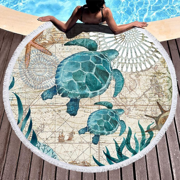 Ronde strandhanddoek, microvezel strandhanddoek XXL, zeeschildpad badhanddoek, groot 150 cm, voor stranddeken, yogamat, handdoeken met kwastjes, (blauw-schildpad 1)