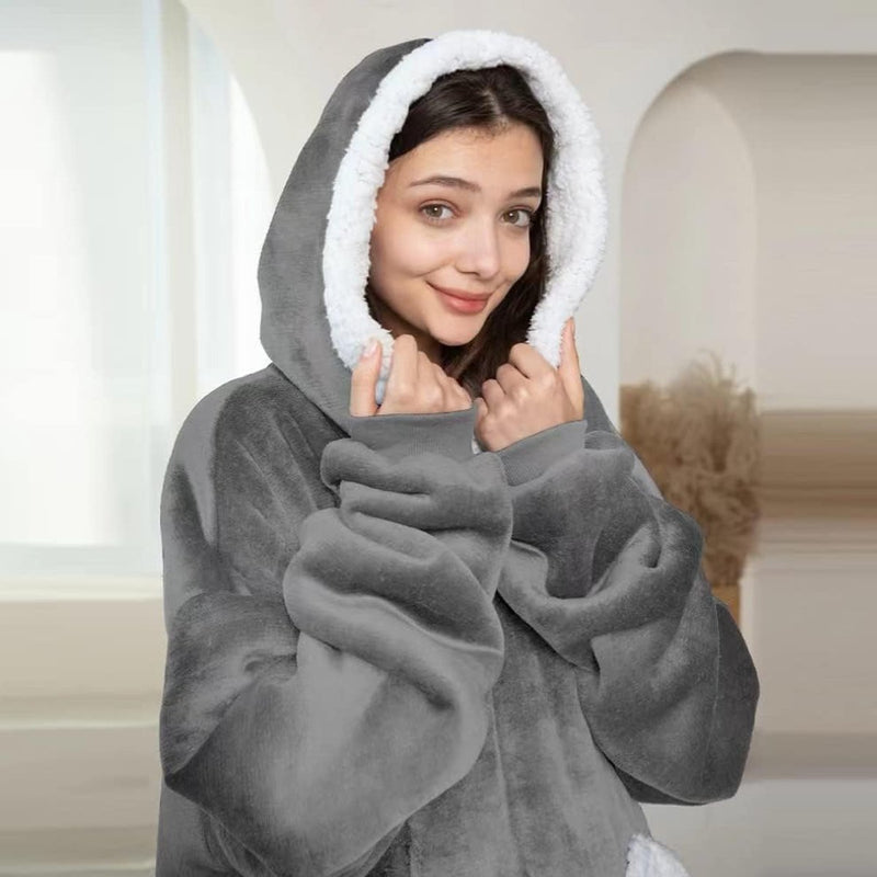Knuffeldeken met mouwen, deken met mouwen en capuchon, oversized, enorme hoodiedeken met 2 voorzakken, zacht, warm, flanel, draagbaar, full-body deken, volwassenen, uniseks, donkergrijs