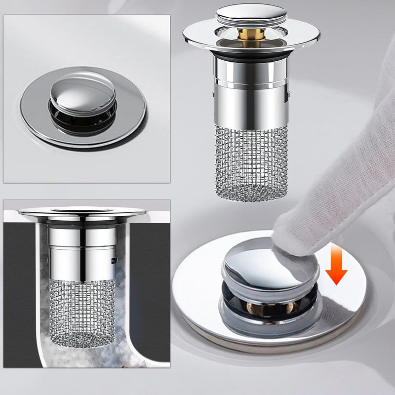 Set van 2 gootsteenpluggen, afvoerzeef, afvoerfitting, wastafel, universele pop-up gootsteenplug, roestvrij staal, voor 34-40 mm afvoerafvoerplug voor badkuip