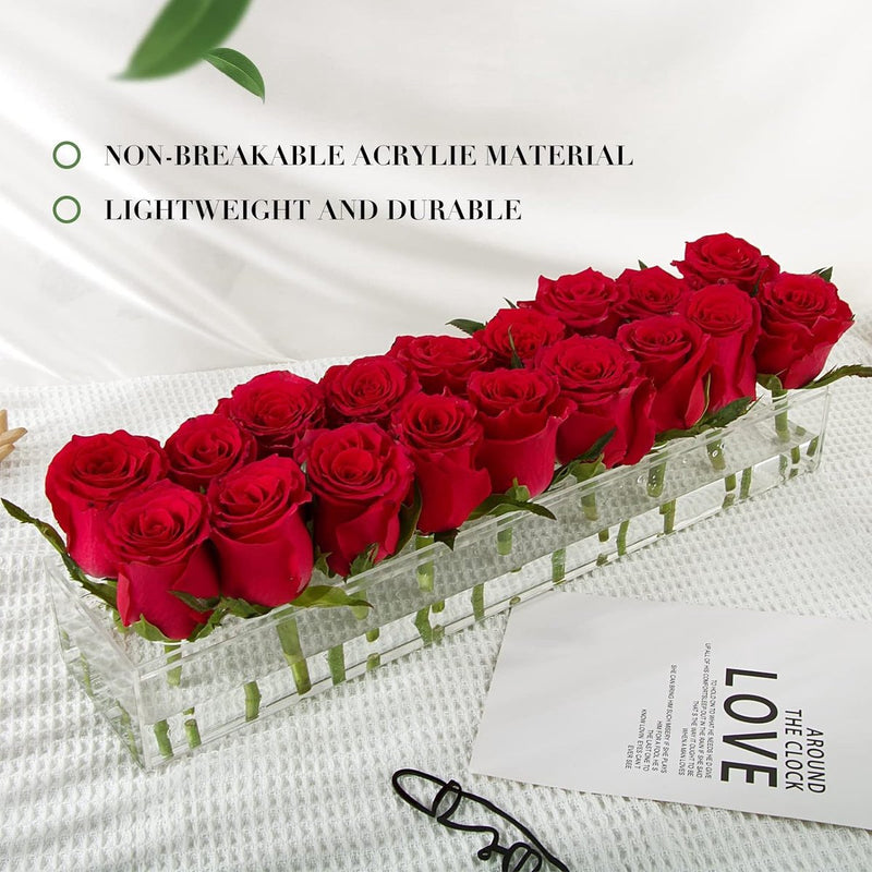 Transparante bloemenvaas, acryl, rechthoekig, met 18 gaten, modern, lange bloemenvaas, bloemstuk, decoratieve vaas, transparante kunstvaas, woondecoratie, tafeldecoratie, 45 x 10 x 6,5 cm