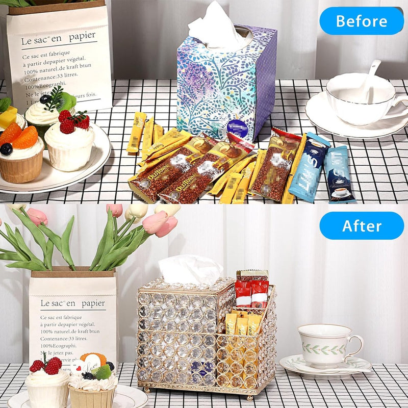 Household Cube Vierkante Tissuehouder Box met Multifunctionele Organizer Zijvak voor Afstandsbediening Vanity Make-up Cosmetics Pen Pencil (Goud)