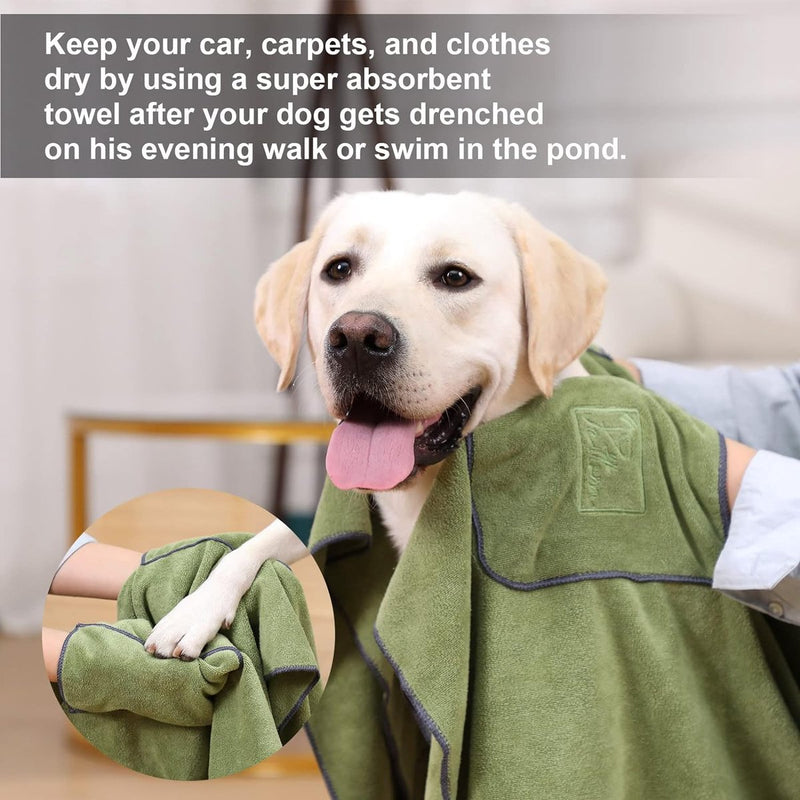 2 stuks hondenhanddoeken, microvezel, extra absorberend, handdoeken voor honden met zakken, sneldrogend, badhanddoek voor honden en katten, 90 x 50 cm, grijs en groen