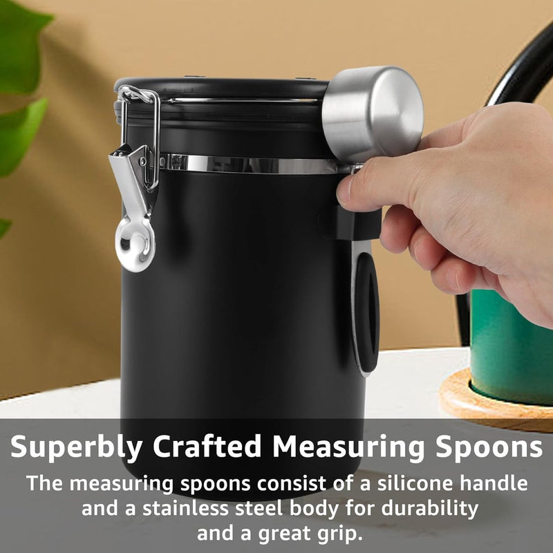 Koffiekan van 1,8 liter luchtdicht, zwarte koffiebonencontainer, koffiekan met roestvrijstalen lepel, koffiecontainer met datumregistratie voor koffiebonen, koffiepoeder, thee, cacao