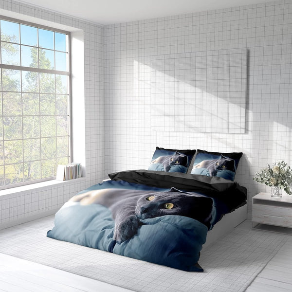 3D-dekbedovertrekset met kattenmotief, 135 x 200 cm + kussensloop 80 x 80 cm, omkeerbaar beddengoed, 2-delig, met ritssluiting