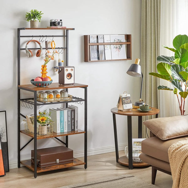 Keukenrek met 5 planken, bakkersrek, staand rek, magnetronrek met verstelbare wijnhouders en S-haken, multifunctionele organizer, voor magnetron, kookgerei, bruin-zwart