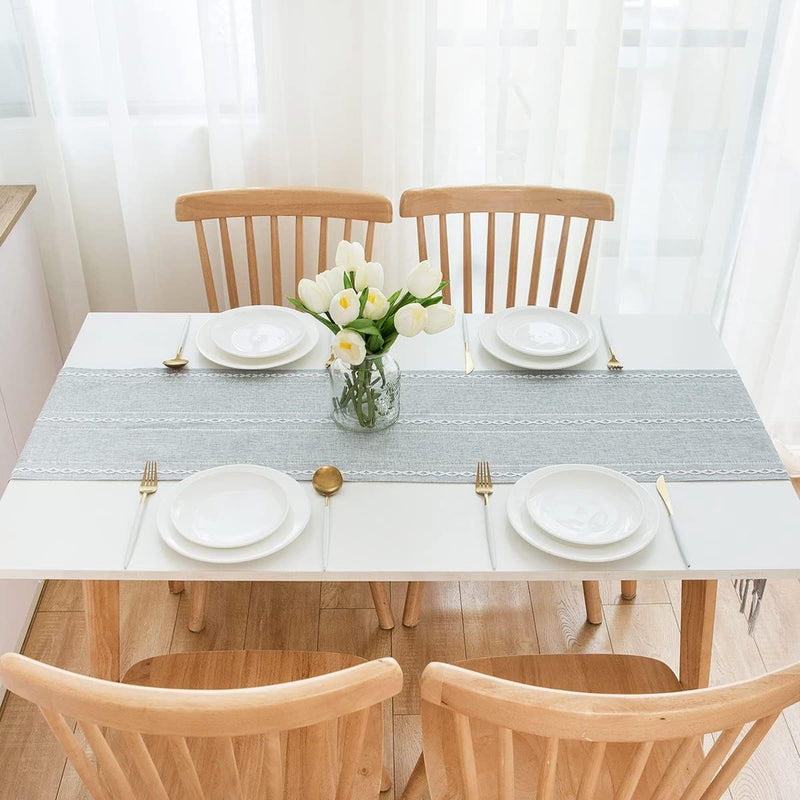 Tafelloper landhuisstijl grijs boho tafel loper met kwastjes rustieke table runner, 32x228 cm, lichtgrijs