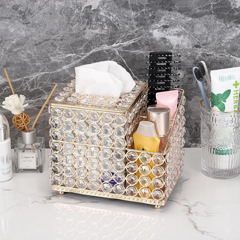 Household Cube Vierkante Tissuehouder Box met Multifunctionele Organizer Zijvak voor Afstandsbediening Vanity Make-up Cosmetics Pen Pencil (Goud)