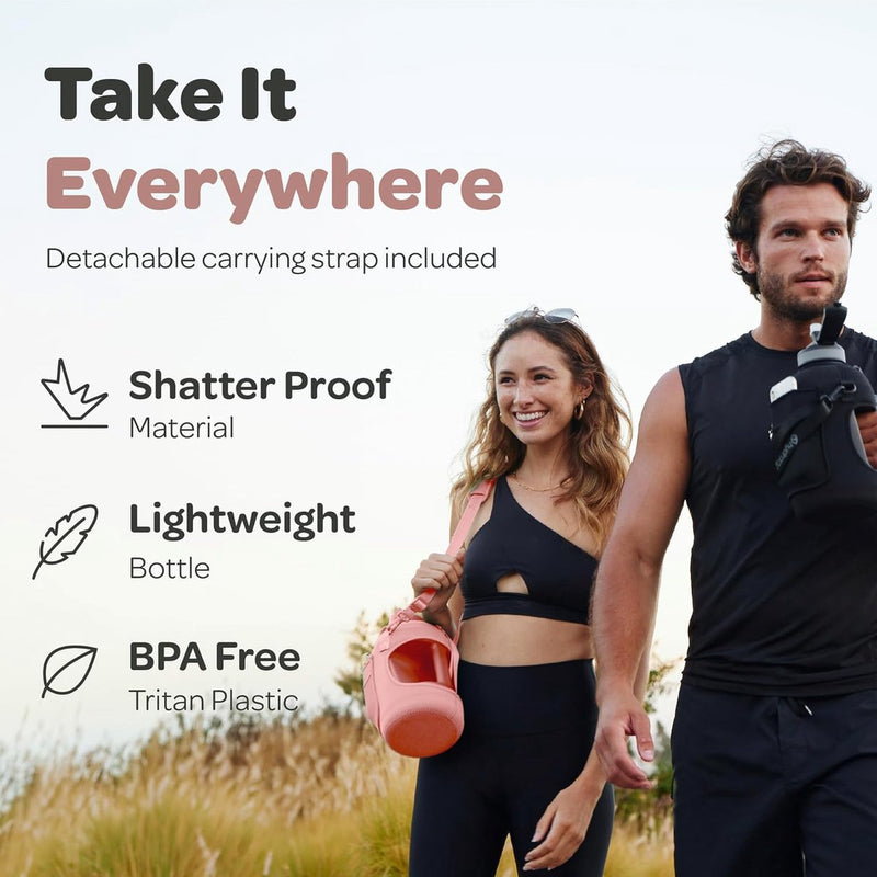 Waterfles met hoes met zakken - 2,3 L waterfles met rietje en handvat - BPA-vrije waterfles met tijdmarkering - Fles lekvrij - Sport- en buitenwaterfles