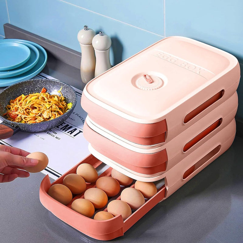 Eierhouder, eieropbergdoos, eierbox met lade, stapelbare eierhouder, automatische eierbox, multifunctionele eierbox voor koelkast, keuken