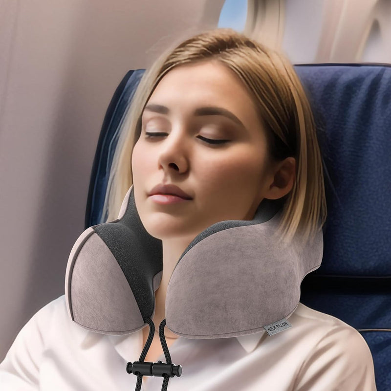 Nekkussen in het vliegtuig, reiskussen van traagschuim met fluweelzachte overtrek, voor volwassenen, voor reizen, camping, kantoor en huis (lichtroze)