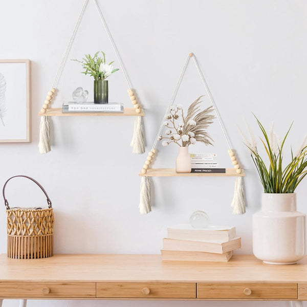 set van 2 macramé wandplanken houten hangende plank boho wanddecoratie katoenen touw met houten kraalkwastjes drijvende plank plantenplank wandplank balkon woonkamer slaapkamer kinderkamer