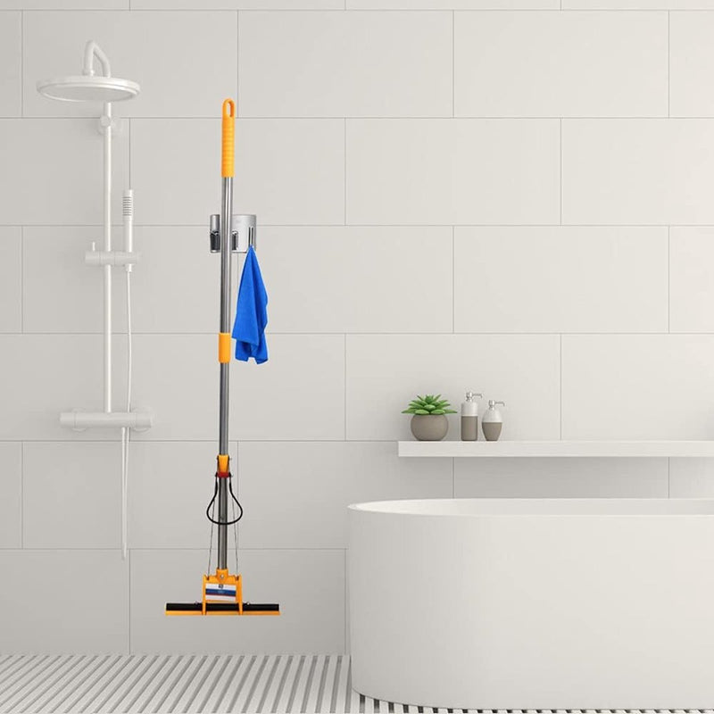 4 stuks mophouders met haken, bezemhouder, muur zelfklevend, roestvrij, zonder boren, tuingereedschapshouder, bezemhouder, voor keuken en badkamer (metallic)