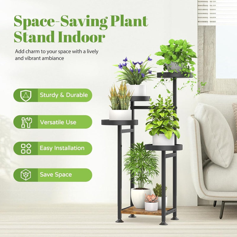 Plantenstandaard met 5 etages, hout, metaal, voor binnen en buiten, hoek bloemenstandaard, plantenrek voor meerdere planten, modern bloemenrek voor terras, tuin, balkon, woonkamer (zwart)