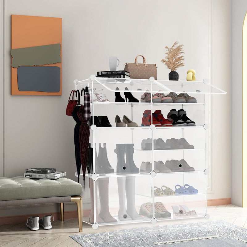 Schoenenrek, 6-laags kunststof schoenenrek met deur, voor 24 paar schoenen en laarzen, stapelbare schoenenkast voor hal, slaapkamer, kledingkast, entree