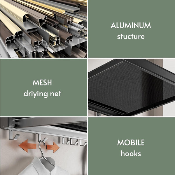 Wandgemonteerde waslijn, opvouwbare waslijn met intrekbaar droogrek voor terras, slaapkamer, keuken, compact aluminium. 60x4,7x2,2cm