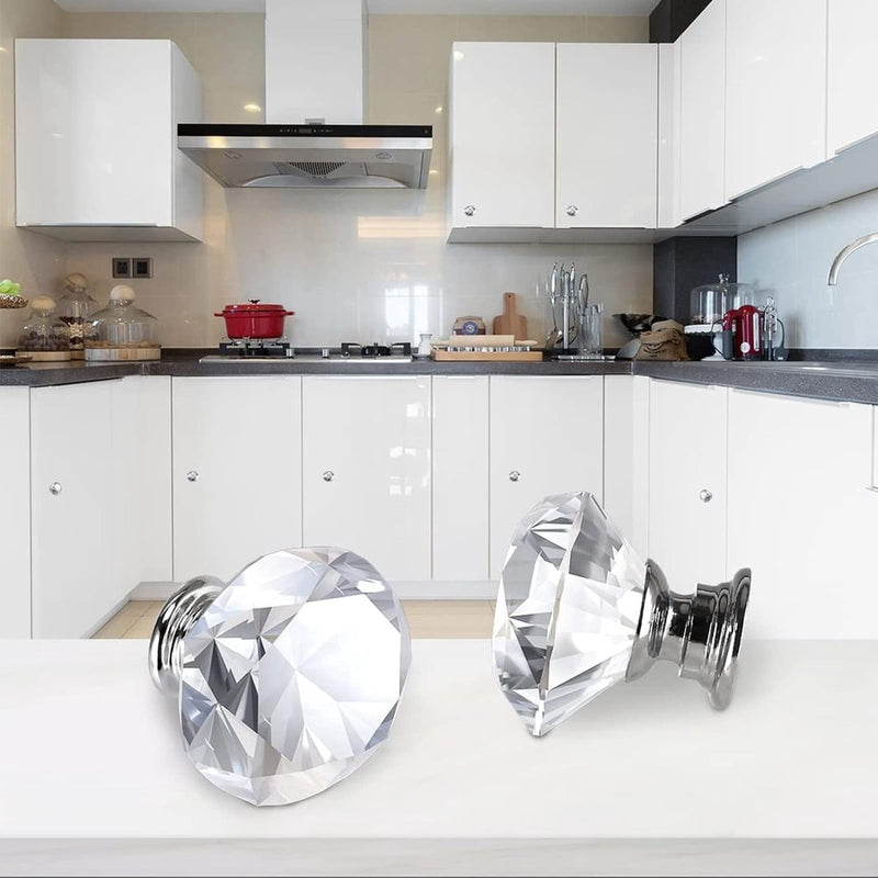 6 stuks meubelknoppen, kristallen ladeknoppen, moderne mode commodeknoppen, kristalheldere deurknop, 30 mm zinklegering kristalglas handgrepen, met schroeven in 3 maten (zilver)