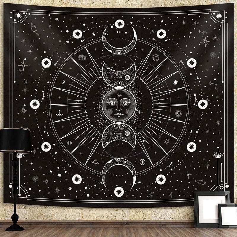 Wandtapijt maanfasen wanddoek zwart wandtapijt maan wanddecoratie psychedelisch tapijt gothic wandtapijten wandtapijt trippy wanddoek muur opknoping muur deco 180x230cm