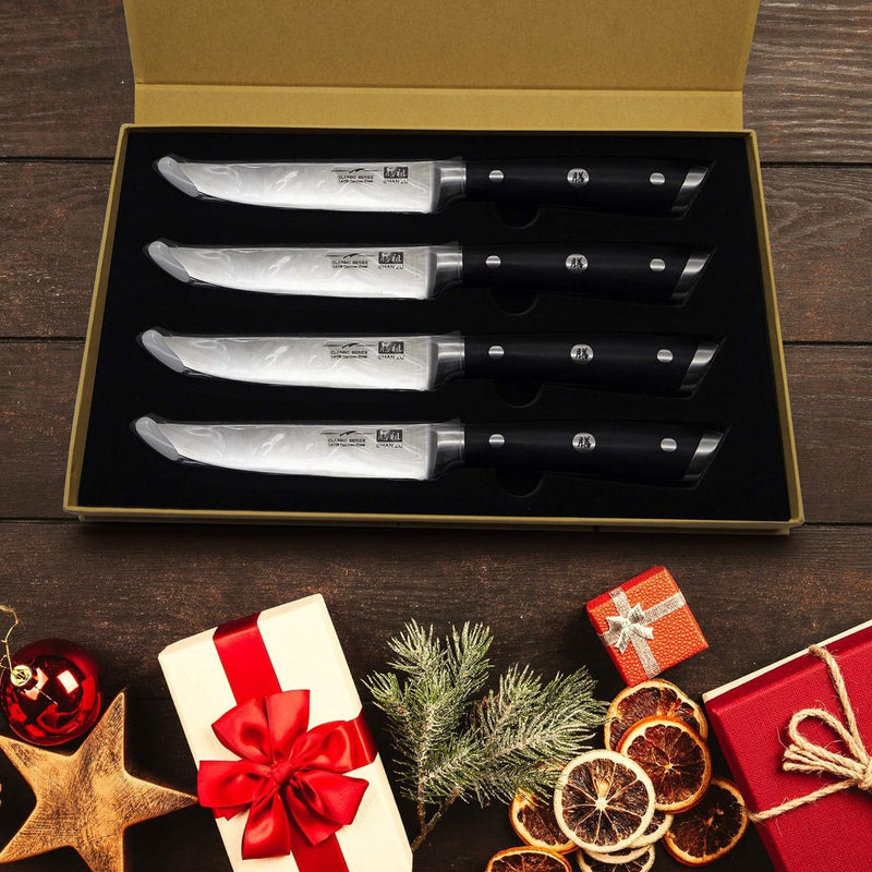 Steakbestek, 4-delig, steakvork, steakmes, roestvrij staal, gepolijst, lemmeten voor thuis en restaurant, geschenkverpakking, Duits roestvrij staal steakbestek 4-delig, 12 cm