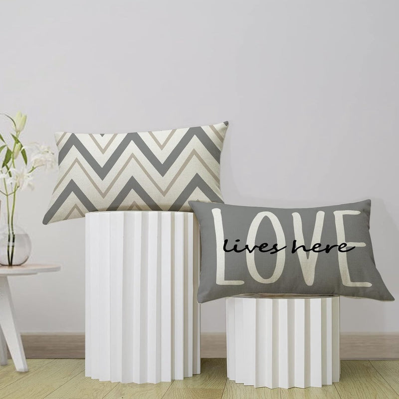 Kussensloop 30 x 50 cm, set van 4 decoratieve kussens, linnen kussenslopen, geometrisch patroon, kussenhoezen voor bank, slaapkamer, bank, grijs