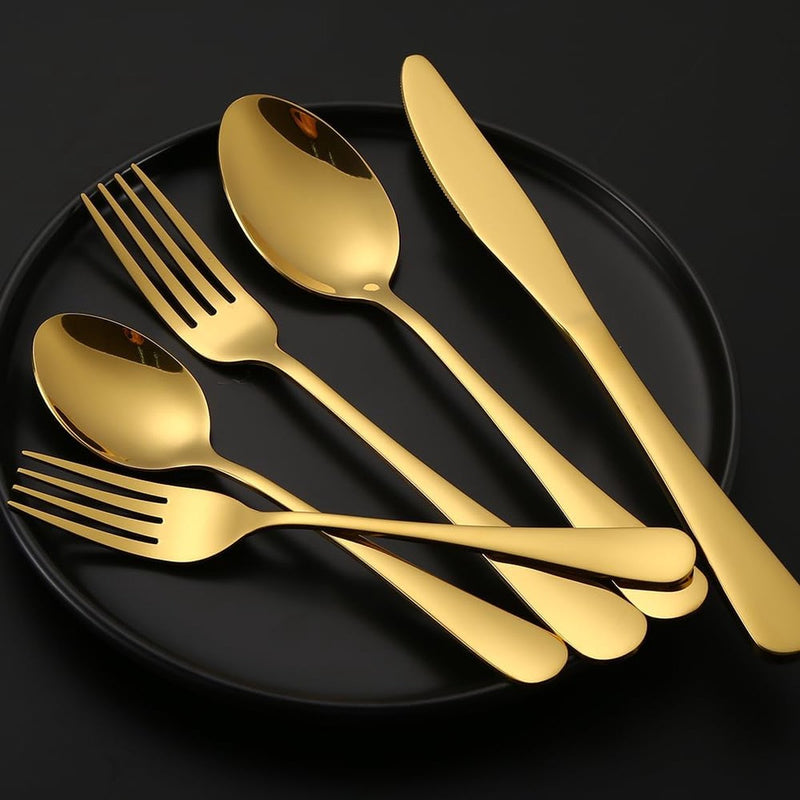 Bestekset voor 6 personen, 30-delige roestvrijstalen bestekset, bestek inclusief mes/vork/lepel, spiegel gepolijst, vaatwasmachinebestendig (goud)