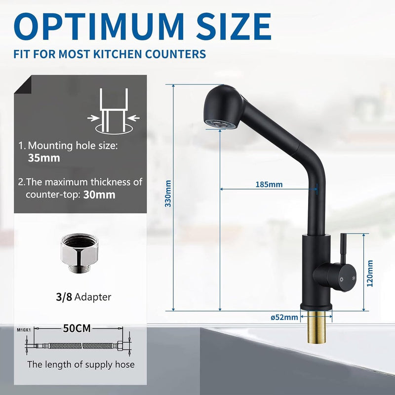 Wastafelarmatuur met uittrekbare sproeier, keukenkraan met 2 straalsoorten, 304 roestvrij staal, hogedruk mengkraan, 360° draaibaar, eengreepsmengkraan, zwart