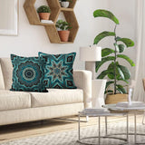 Boho Cushion Cover, 50 x 50 cm, Set of 4, Retro Geometric Pattern, Blue Gold Sofa Decorative Cushion Covers, Washable Polyester Flax Textile, Outdoor Upholstery Pillowcase Cushion Cover