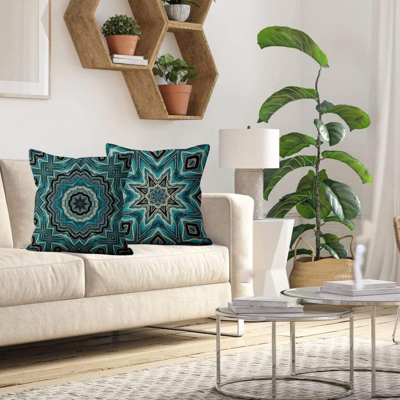 Boho Cushion Cover, 50 x 50 cm, Set of 4, Retro Geometric Pattern, Blue Gold Sofa Decorative Cushion Covers, Washable Polyester Flax Textile, Outdoor Upholstery Pillowcase Cushion Cover