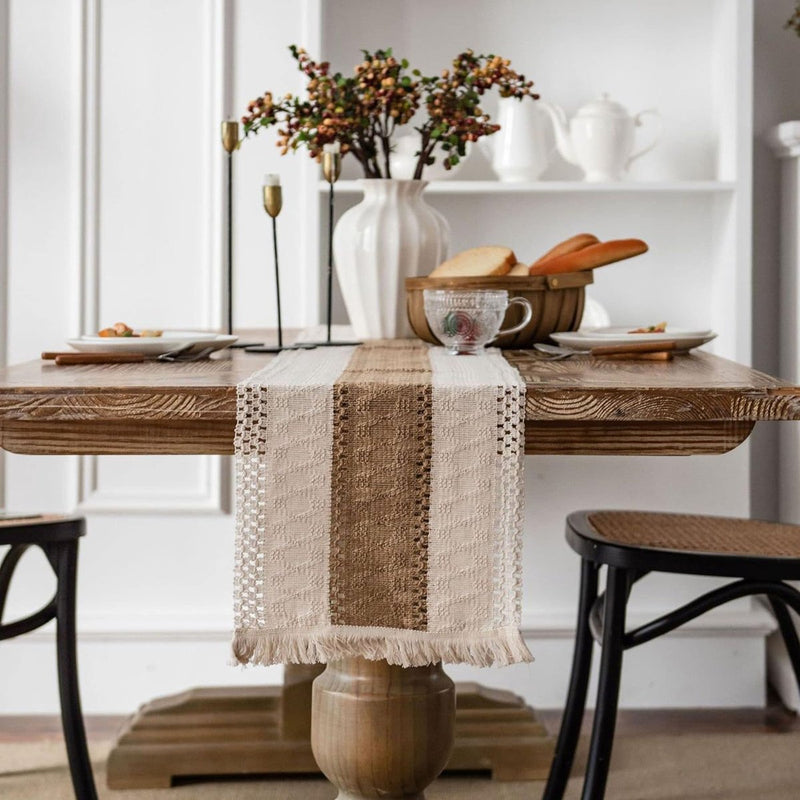 Macramé tafelloper 30 x 274 cm tafelloper beige boho jute tafelloper met kwastjes rechthoekig voor landhuisstijl bruiloft verjaardag feestelijk huis keuken koffie tafel decoratie