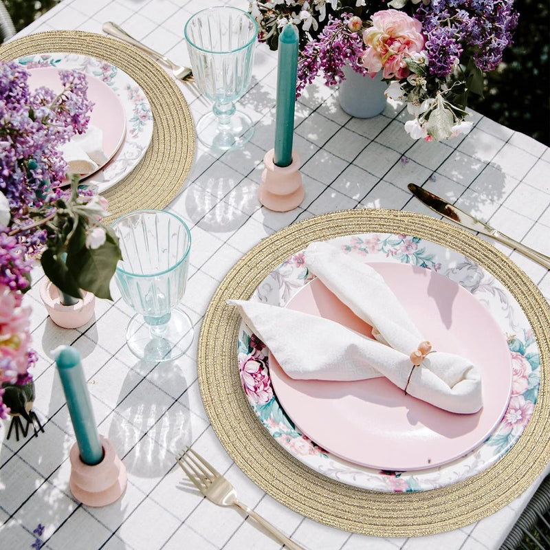 Set van 6 ronde gevlochten placemats, afwasbaar, goud, rond, wasbaar, hittebestendig, voor Kerstmis, bruiloft, feest, keuken, decoratie, 38 cm