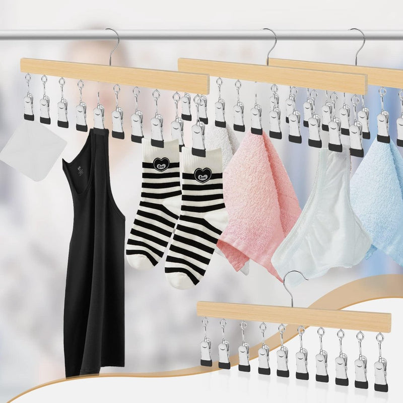 Soktdroger, wasrek van hout, 10 clips, 360° draaihaak, kleerhanger voor muts, ondergoed, gezichtsmasker, handdoeken, handschoenen (houtkleur)