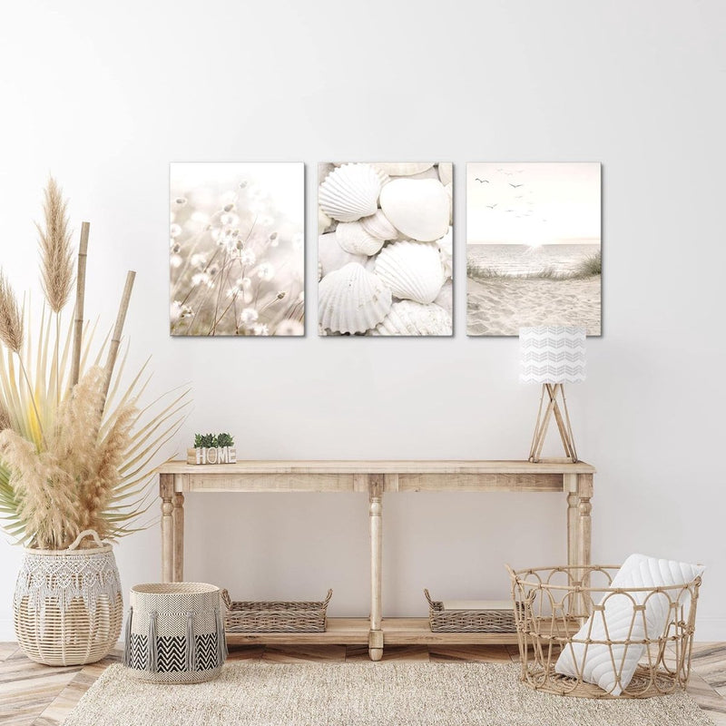 Klaar om op te hangen - wandafbeeldingen set schelpen zand - collage woonkamer N001735a, 30x40 cm - 3 foto's