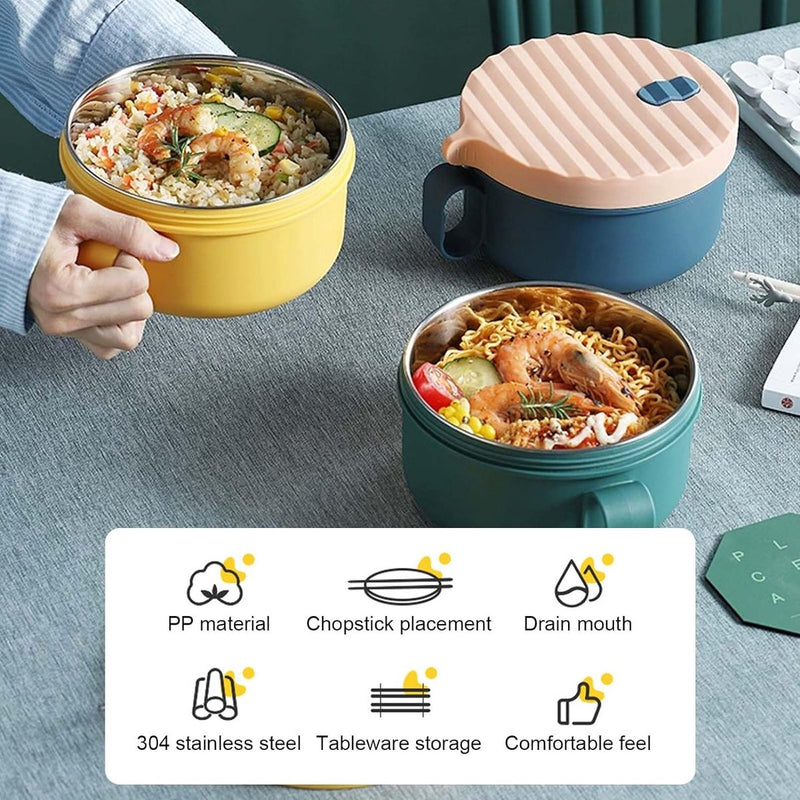 Japanse kom met deksel, 1200 ml ramenkom, plastic soepkom en verwijderbare roestvrijstalen voering, ramenkom, saladecontainer voor bij eetstokjes, Japans servies (geelgroen)