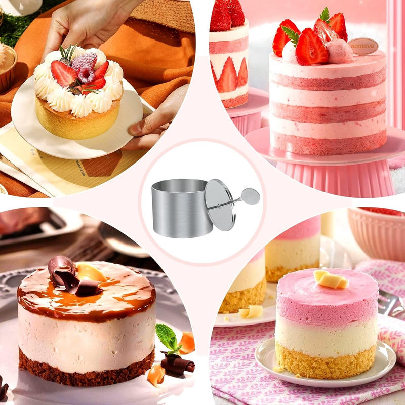 Dessertringen en dinerringen, kleine ringenset, 8-delig, mini-taartringvormen, roestvrijstalen mousse-ringen, 7,5 cm, ronde mousse-ring, 8 ringen, 1 lifter, 1 stempel voor het bakken van