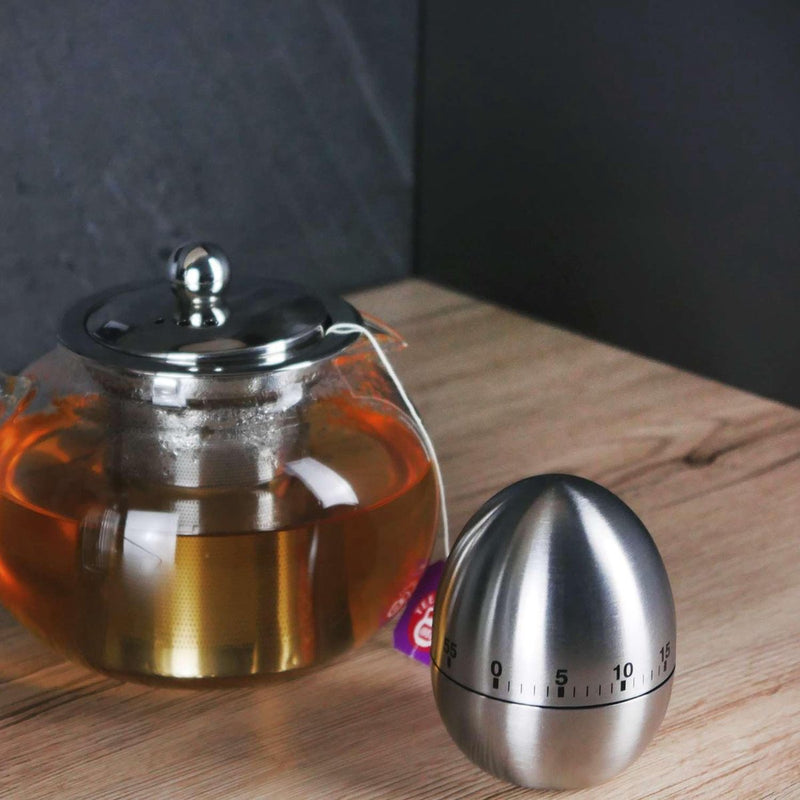 Eierwekker in zilver, roestvrij staal, keukentimer in elegant eiervormig design, korte wekker voor de keuken tot 55 minuten
