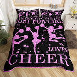 meisjes-beddengoed, 135 x 200 cm, jubelsport, dekbedovertrek voor cheerleaders, geschenken, tieners, meisjes, gymnastiek, trainer, roze, paars, glitter, pailletten, bedset met hart en