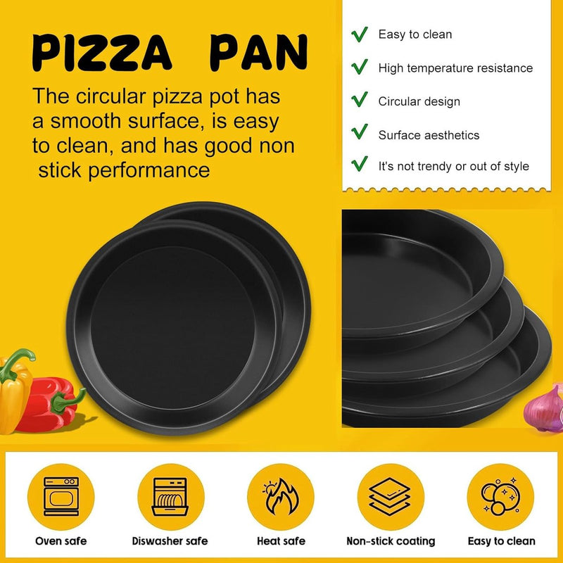 Set van 4 ronde pizzaplaten, 18,1 x 15 x 2,5 cm koolstofstalen pizzaplaat met 2 siliconenborstels voor taarten, pizza, brood, taarten, koekjes, bakken (zwart)