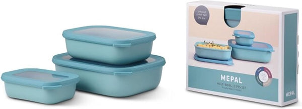 Cirqula multikom set, 3-delig, rechthoekig, Nordic green – 500, 1000, 2000 ml – te gebruiken als voorraaddoos, koelkastdoos, vriesdoos, magnetronservies en serveerschaal met deksel