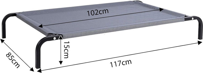 Outdoor hondenbed verhoogd, stabiel huisdierbed met goede luchtcirculatie beschermt tegen kou van de vloer, 117 x 85 cm, afneembare overtrek van ademend netweefsel, robuust metalen frame, grijs