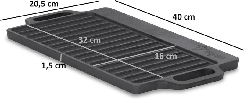 Gietijzeren grillplaat met handgrepen, 40 x 20,5 cm, grillpan, aan beide zijden bruikbaar, rechthoekig, universeel en massief, grillplaat voor houtskool en gas, grillaccessoires, grillschaal